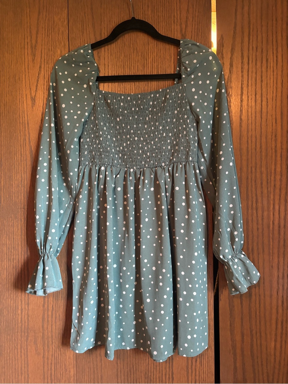 Missguided Sage Green Polka Dot Long Sleeve Smocked Mini Dress
